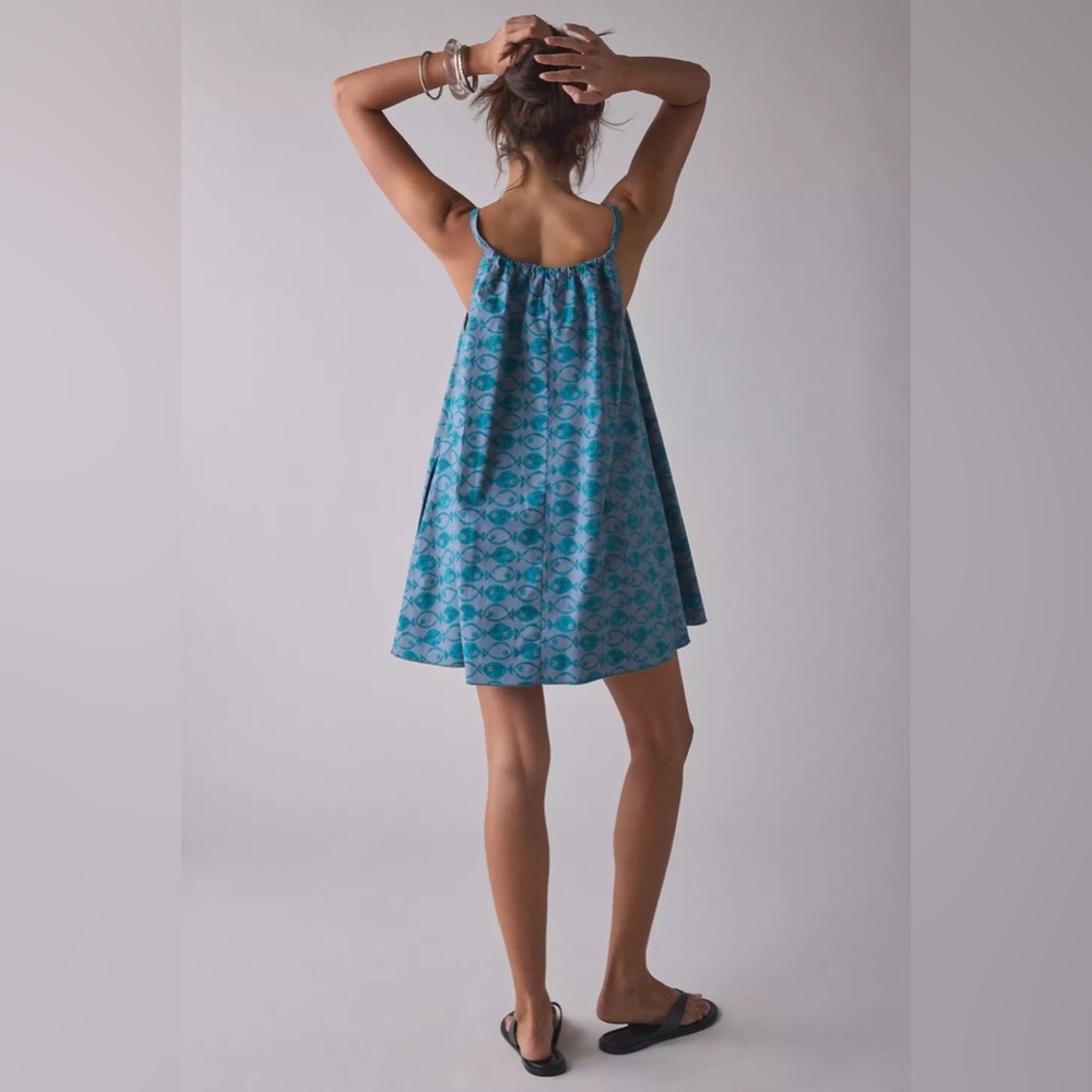Urban Outfitters BDG Eva Tie-Front Ruched Strap Trapeze Mini Dress Blue Fish NWT - Picture 2 of 5